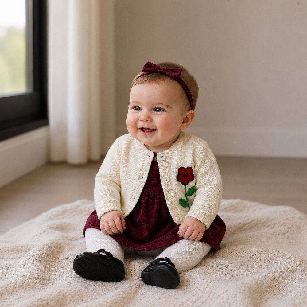 Plum Pudding Ltd. Cardigan Sweater Girl’s 6 Month Cream Appliquéd Flower Vintage